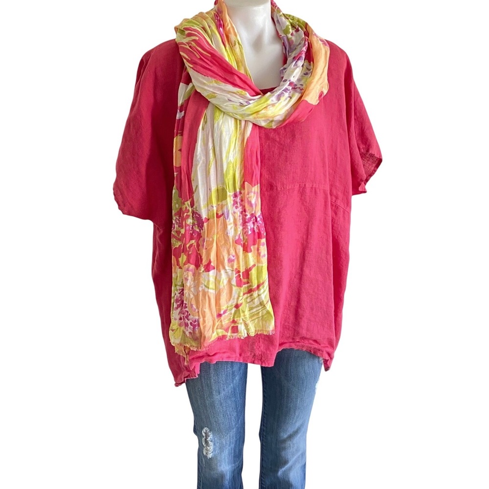 Fabulous! NYC Hot Pink 100% Linen Boxy Short Sleeve Top Scarf Set Large